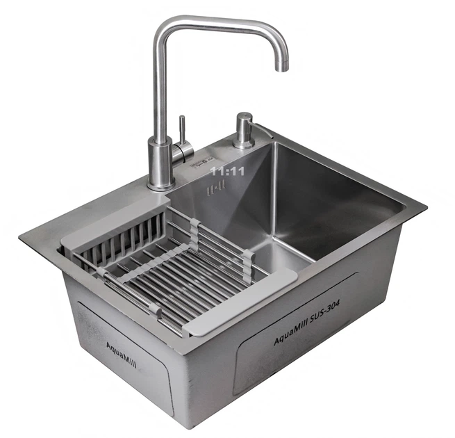 Мойка из нержавеющей стали AQUAMILL 5843 + смеситель + дозатор + коландер - изображение 10