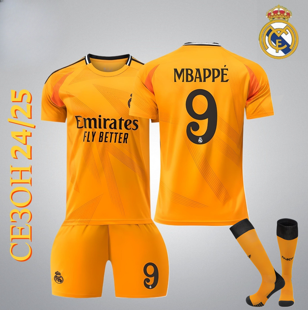 Футбольна форма Real Madrid Mbappe (Мбапе) 9, сезон 24/25 з гетрами (розмір 34-38), розмір 22на зріст 125-130 см, помаранчева - Фото 1 Футбольна форма Real Madrid Mbappe (Мбапе) 9, сезон 24/25 з гетрами (розмір 34-38), розмір 22на зріст 125-130 см, помаранчева - изображение 1