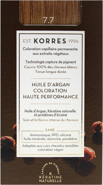 Набір для фарбування волосся Korres Advanced Colorant 7.7 Moka Крем-гель 50 мл + Емульсія 75 мл + Кондиціонер для фіксації кольору 20 мл + Пара рукавичок (5203069054761) - зображення 1