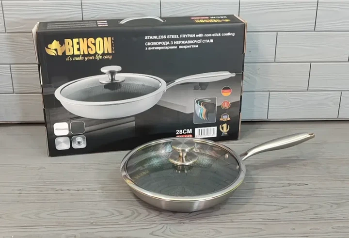 Сковорода профессиональная Benson из нержавеющей стали 28 см с антипригарным покрытием с крышкой (BN-442) - Фото 2 Сковорода профессиональная Benson из нержавеющей стали 28 см с антипригарным покрытием с крышкой (BN-442) - изображение 2