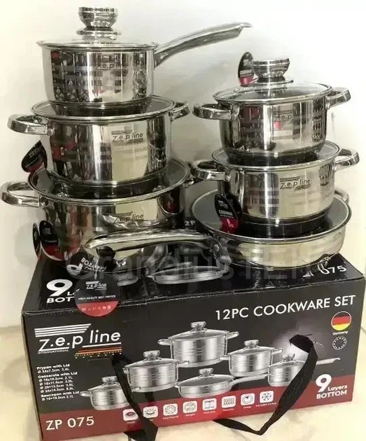 Кухонный набор посуды Zepline ZP-075, 12 предметов, кастрюли из нержавеющей стали, большая сковорода, ковш - Фото 6 Кухонный набор посуды Zepline ZP-075, 12 предметов, кастрюли из нержавеющей стали, большая сковорода, ковш - изображение 6