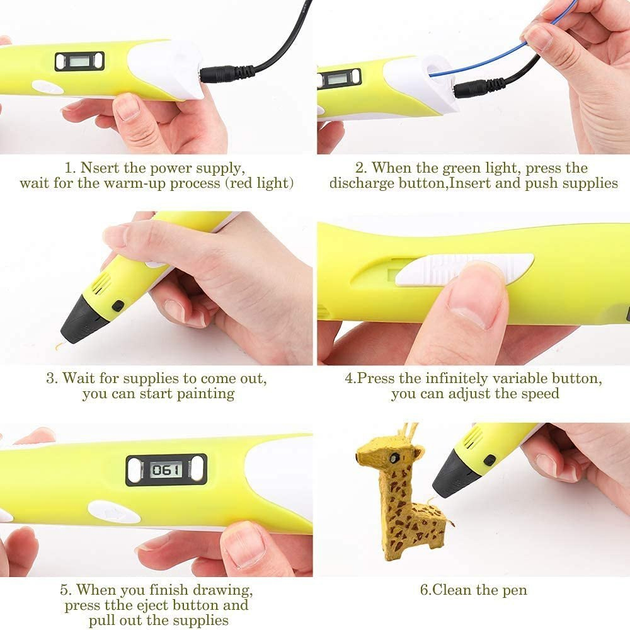 3D ручка з LCD дисплеєм Pen 3 3Д принтер для малювання із трафаретом Жовта - зображення 2