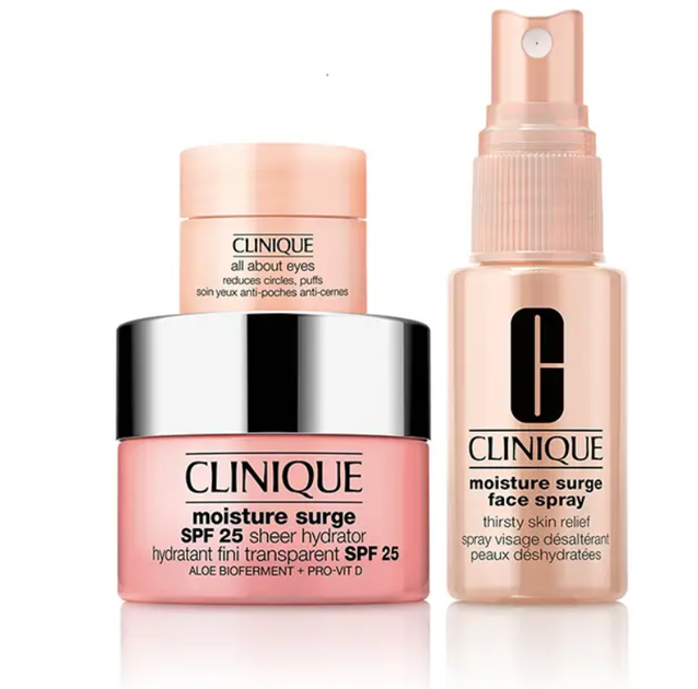 Набір для догляду за обличчям Clinique Крем Moisture Surge SPF 25 Sheer Hydrator зволожувальний 30 мл + Спрей для обличчя Moisture Surge 50 мл + Крем для шкіри навколо очей All About Eyes 5 мл + Косметичка (0192333236697) - зображення 2
