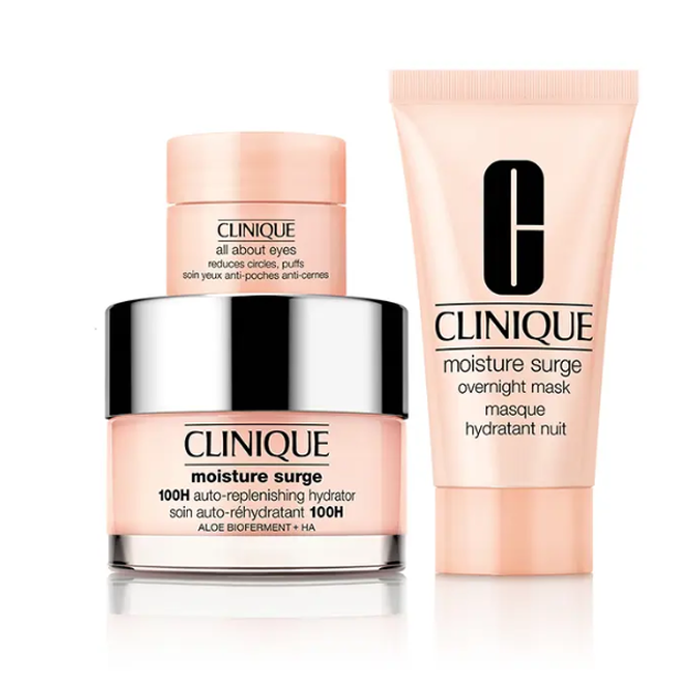Zestaw do pielęgnacji twarzy Clinique Krem nawilżający Moisture Surge 100-H 50 ml + Maska na noc Moisture Surge 30 ml + Krem pod oczy All About Eyes 5 ml + Kosmetyczka (0192333236673) - obraz 2