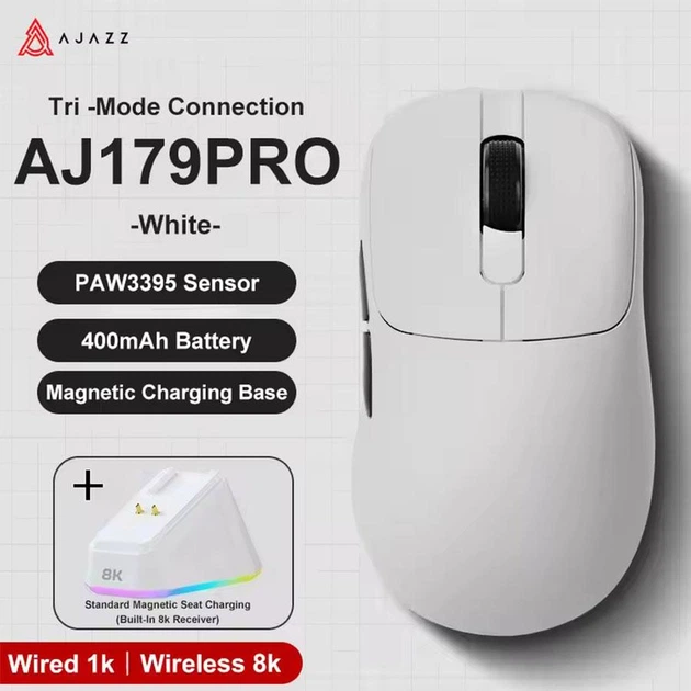 Геймерская мышка Ajazz AJ179 Pro PAW3395 8K с док-станцией белая