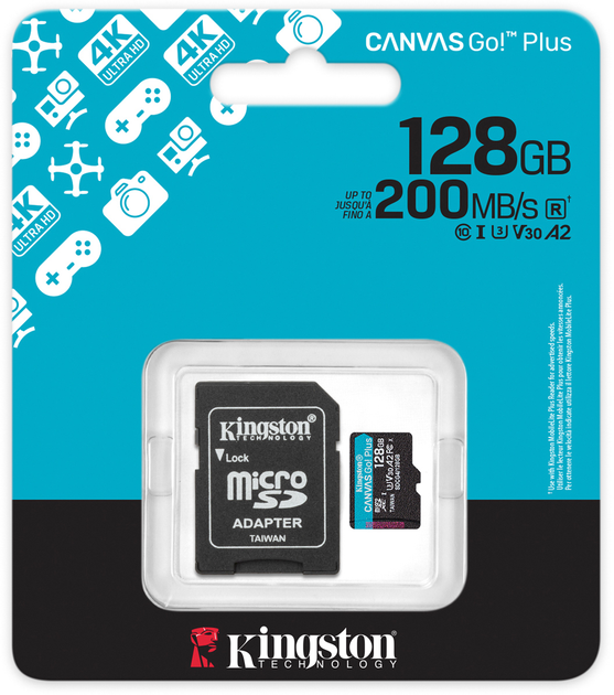 Karta pamięci Kingston microSDXC 128GB Canvas Go! Plus G4 Class 10 UHS-I U3 V30 A2 + SD-adapter (SDCG4/128GB) - obraz 4