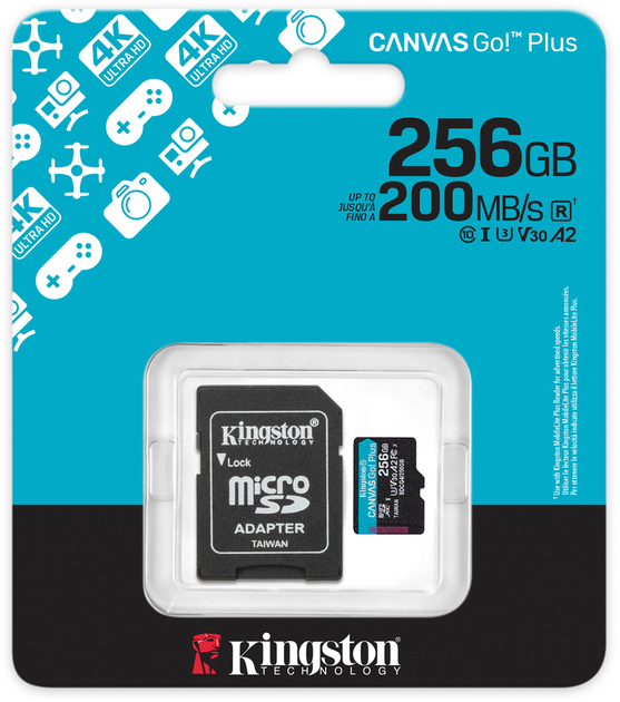 Karta pamięci Kingston microSDXC 256GB Canvas Go! Plus G4 Class 10 UHS-I U3 V30 A2 + SD-adapter (SDCG4/256GB) - obraz 4