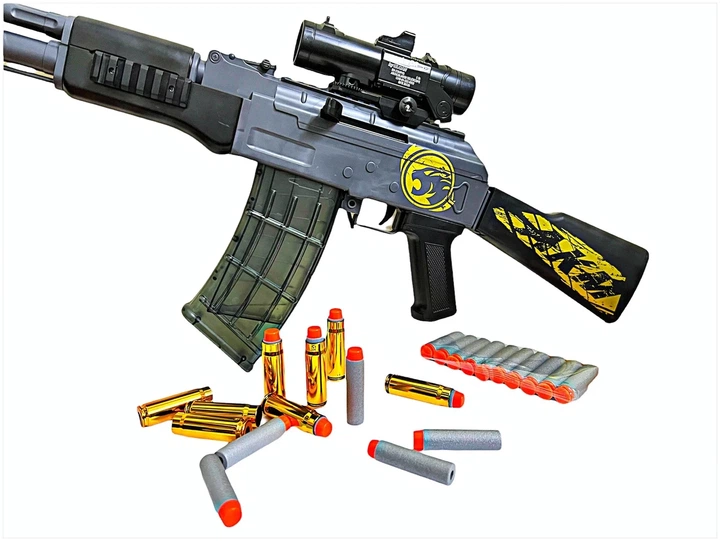 Игрушечный автомат винтовка AK-47 на мягких пулях EVA 92 см с глушителем, оптическим прицелом серый - изображение 3