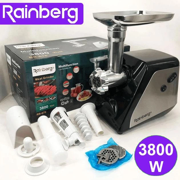 Электрическая мясорубка с соковыжималкой и насадкой для ковбас 3800W Rainberg RB-676 Черный - Фото 1 Электрическая мясорубка с соковыжималкой и насадкой для ковбас 3800W Rainberg RB-676 Черный - изображение 1