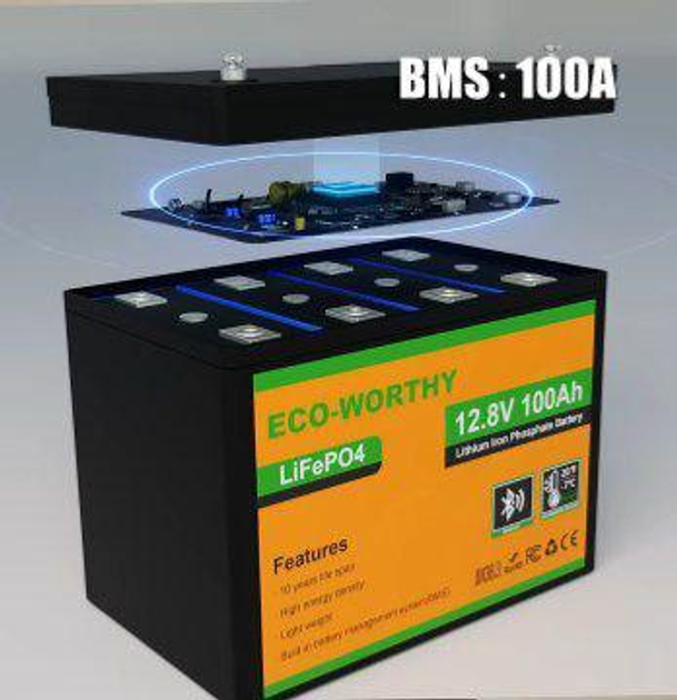 Аккумулятор LiFePO4 Eco-Worthy 12.8v 100Ah Bluetooth литий железо фосфатный для солнечных электростанций - изображение 1