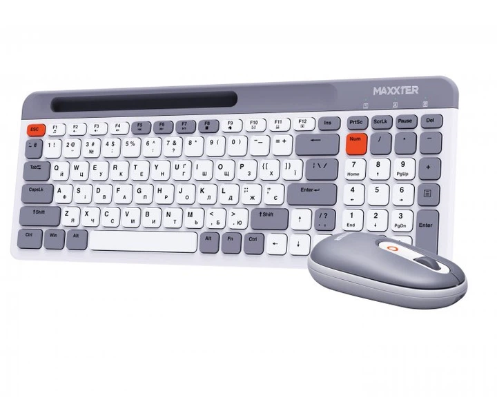 Комплект клавиатура+мышка Maxxter KMS-WCM-03G-UA беспроводной, ножничный механизм, белый с серым - Фото 2 Комплект клавиатура+мышка Maxxter KMS-WCM-03G-UA беспроводной, ножничный механизм, белый с серым - изображение 2
