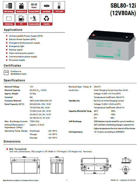 Аккумулятор SSB Battery SBL80-12i - изображение 2