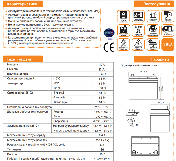 Аккумулятор мультигелевый LogicPower AGM LPM-MG 12 V - 33 Ah - изображение 2