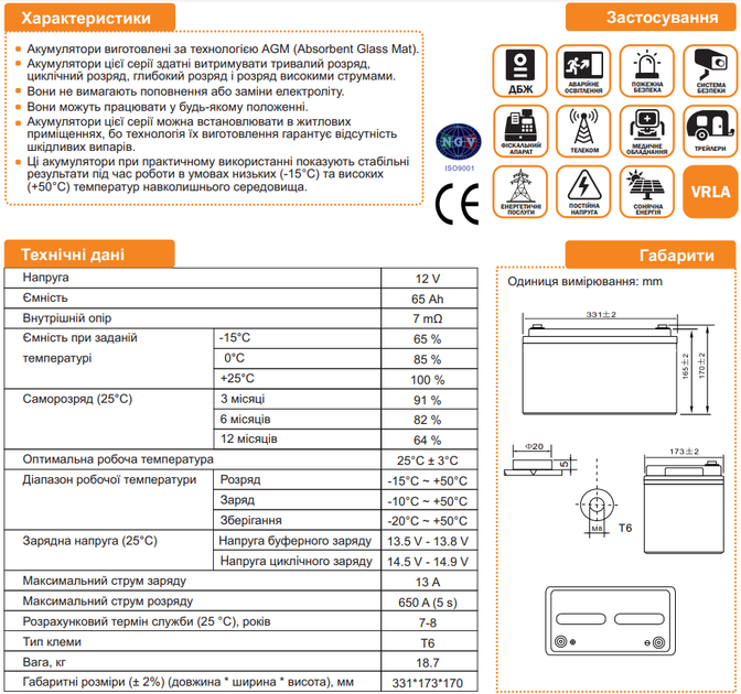 Аккумулятор мультигелевый LogicPower AGM LPM-MG 12 V - 65 Ah - изображение 2