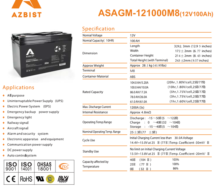 Аккумулятор AZBIST Super AGM ASAGM-121000M8 - изображение 2