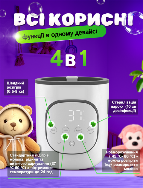 Підігрівач стерилізатор для дитячих пляшечок грілка апарат підігріву дитячого харчування дитячої суміші 4 в 1 А1 електричний цифровий з таймером і функцією стерилізації - зображення 2