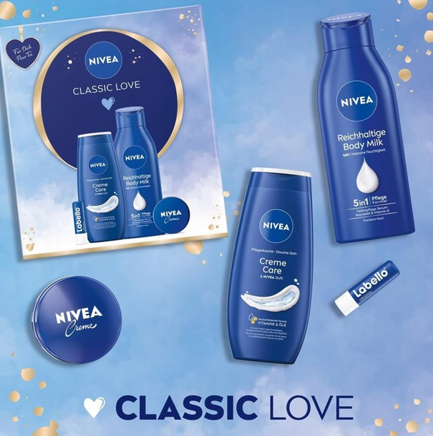 Набір для догляду за тілом Nivea Classic Love Гель для душу Cream Care 250 мл + Лосьйон для тіла Reichhaltige 400 мл + Бальзам для губ Labello 4.8 г + Крем для тіла 30 мл (4006000036052) - зображення 2