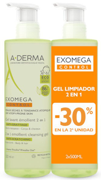 Zestaw żeli pod prysznic A-Derma Exomega Control Emollient 2w1 500 ml x 2 szt (3282779425476) - obraz 1
