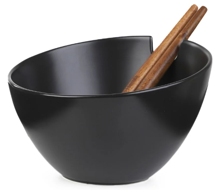 Zestaw HOMLA Mooka Miska do sałat ceramiczna czarna 24 cm + sztućce do serwowania 2 szt (5904183810652) - obraz 1