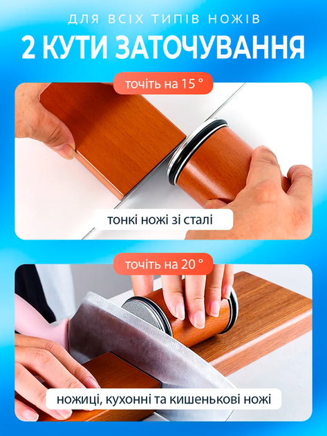 Роликовая точилка для заточки кухонных бытовых ножей ножниц алмазная профессиональная двусторонняя с магнитным угловым основанием углом точной заточки 15 и 20 градусов из нержавейки роликовая шлифовальная ручная для кухни коричневая (101195) - изображение 2