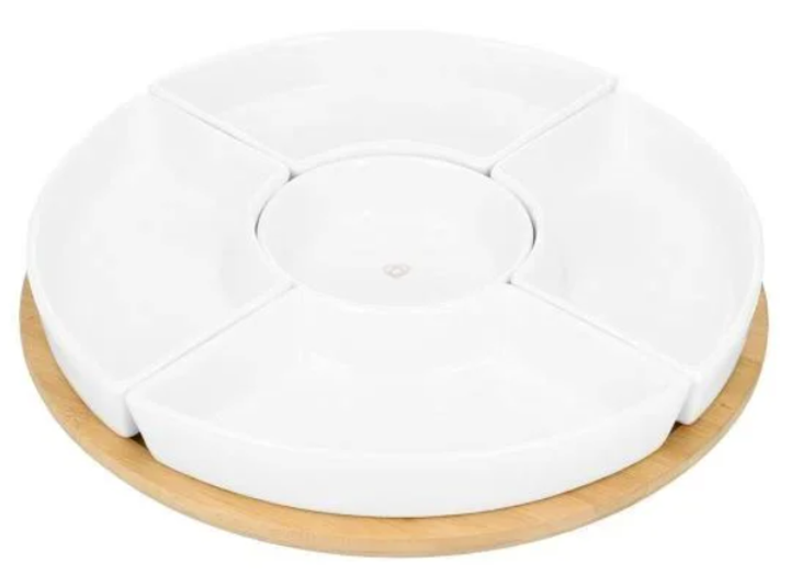 Półmisek HOMLA Fincan z białymi miseczkami 5 szt + obrotową tacą 30 cm (5902869984727) - obraz 1