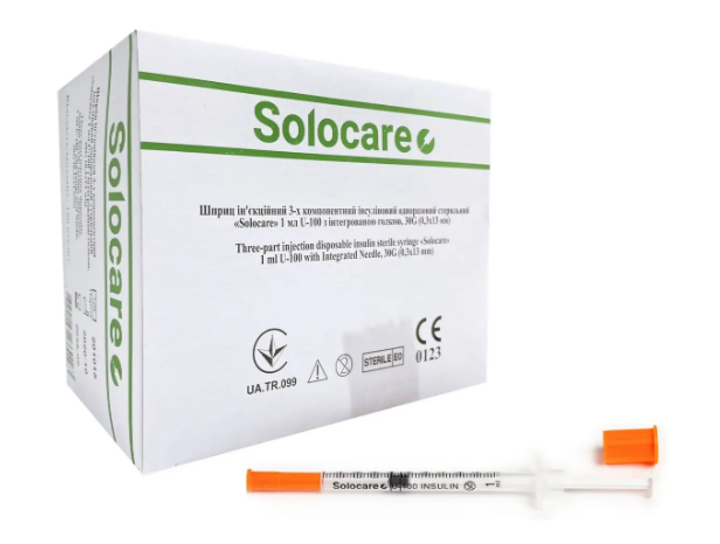 Шприц інсуліновий U 100 із голкою 30 G 0 3 x 13мм Solocare 30 G - зображення 2