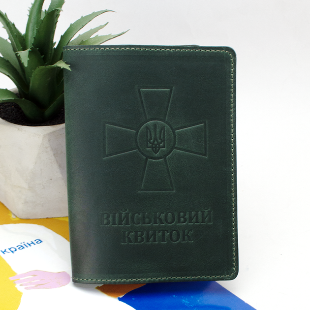 Обкладинка шкіряна на військовий квиток (зелена) з прозорим клапаном - Фото 1 Обкладинка шкіряна на військовий квиток (зелена) з прозорим клапаном - зображення 1