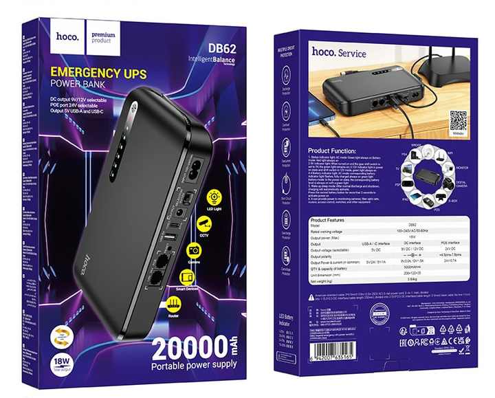 ДБЖ (UPS) для роутера Hoco DB62 UPS (20000mAh/18W/1USB/1TypeC/5/9/12v/POE 15-24V/LED) black - зображення 4