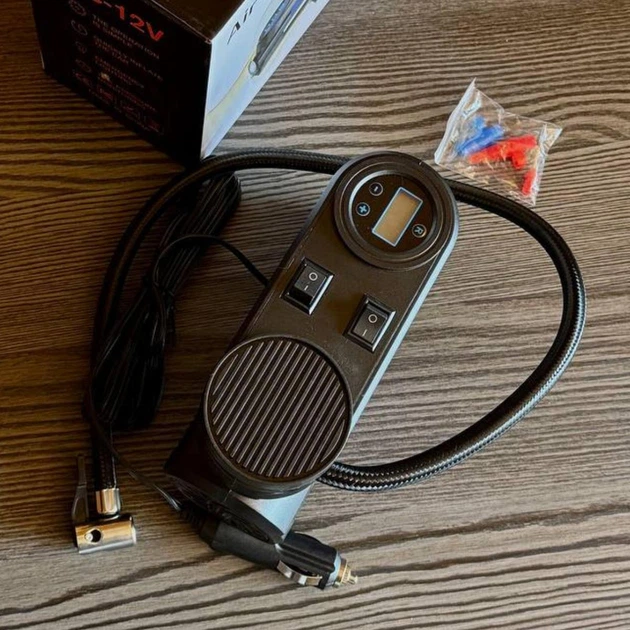 Автомобильный воздушный компрессор для закачки шин 12V с фонарем и насадками Air Compressor, насос в машину от прикуривателя ATJ-6388-Blue/Black - изображение 8