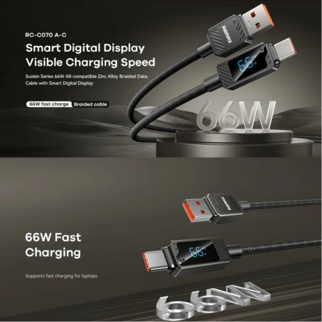 Кабель для швидкої зарядки USB - Type C 11V/6A 66W Remax RC-C070 Suxien Series Smart Digital Display Type-C Note 7, Note 8T, Note 8 Pro, Note 9 Pro, Note 10, Redmi 10, Note 11, Poco X3, Poco M4, Redmi 12, Note 12 Fast/Dash Charge 5В/4А=20Вт OnePlus OPPO - зображення 2