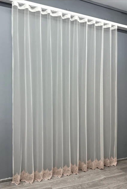 Тюль VR-Textil 1659т Грек-сітка з вишивкою Молочний з пудровим 300х270 см (42-0667) - Фото 3 Тюль VR-Textil 1659т Грек-сітка з вишивкою Молочний з пудровим 300х270 см (42-0667) - зображення 3