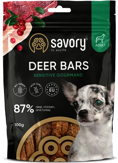 Лакомства для собак Джерки Savory Bars With Venison батончики с олениной 100 г (4820261921120) - Фото 1 Лакомства для собак Джерки Savory Bars With Venison батончики с олениной 100 г (4820261921120) - изображение 1