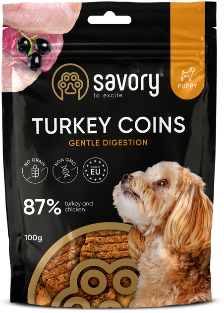 Ласощі для собак Джерки Savory Puppy Coins With Turkey монетки для цуценят з індичкою 100 г (4820261921090) - зображення 1