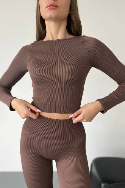 Кроп-топ в рубчик с длинными рукавами INSECRET CROP TOP RIBBED DEEP TAUPE L/XL Тауп 