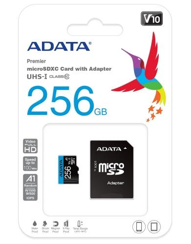 Карта памяти microSDXC, 256Gb, ADATA Premier, Class10 UHS-I U1 V10 A1, SD адаптер, до 100/25 МБ/с (AUSDX256GUICL10A1-RA1) - изображение 2