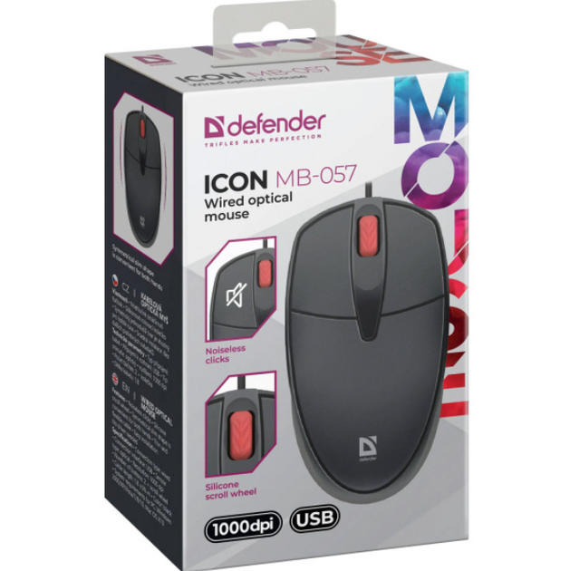 Проводная бесшумная мышка Defender Icon MB-057 3кн 1000dpi Black (52057) - изображение 5