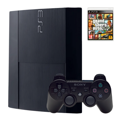 Набор Консоль Sony PlayStation 3 Super Slim 500GB Black Б/У + Геймпад Беспроводной DualShock 3 + Игра Grand Theft Auto V Русские Субтитры - Фото 1 Набор Консоль Sony PlayStation 3 Super Slim 500GB Black Б/У + Геймпад Беспроводной DualShock 3 + Игра Grand Theft Auto V Русские Субтитры - изображение 1
