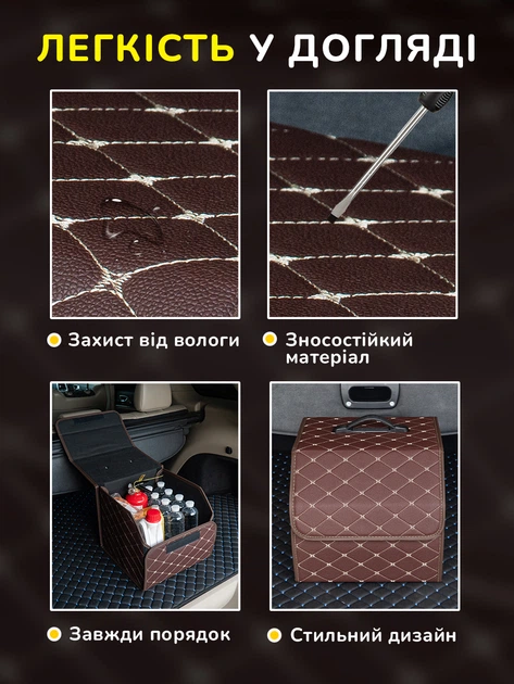 Автомобильный органайзер сумка в багажник из экокожи коричневая саквояж автосумка в машину 34х30х30 - Фото 6 Автомобильный органайзер сумка в багажник из экокожи коричневая саквояж автосумка в машину 34х30х30 - изображение 6