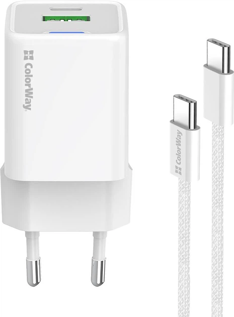 Сетевое зарядное устройство ColorWay GaN Mini 20W PD Port PPS USB Type-C PD + USB QC4.0 + кабель Type-C White (CW-CHS062PDC-WT) - изображение 4