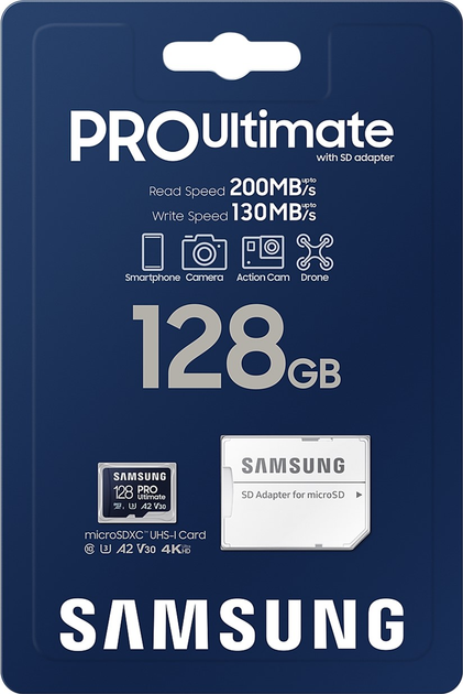Карта пам'яті Samsung PRO Ultimate microSDXC 128GB UHS-I U3 V30 A2 + SD адаптер (MB-MY128SA/WW) (955555909593541) - Уцінка - зображення 8