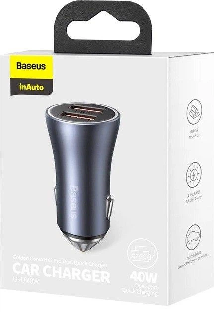 Автомобильное зарядное устройство Зарядка в авто Baseus Golden Contactor Pro Dual Quick Charger Car Charger 40W 2USB Быстрая зарядка QC 4.0+ (CCJD-A0G) Grey - изображение 14