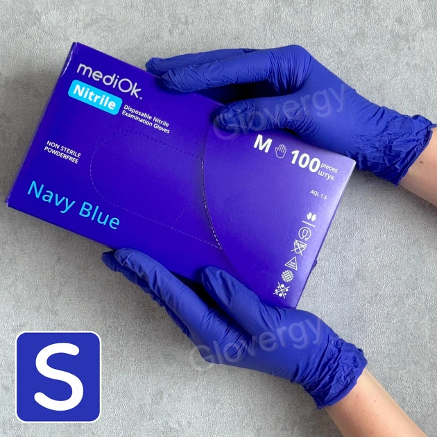 Рукавички нітрилові (4,2 г.) MediOk Navy Blue розмір S синього кольору, 100 шт - Фото 1 Рукавички нітрилові (4,2 г.) MediOk Navy Blue розмір S синього кольору, 100 шт - зображення 1