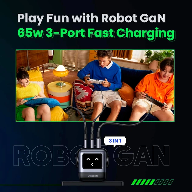 Зарядний пристрій Ugreen CD361 Robot tech 65W 2xType-C 1xUSB Gan Fast Charger Grey (25685B) - Фото 7 Зарядний пристрій Ugreen CD361 Robot tech 65W 2xType-C 1xUSB Gan Fast Charger Grey (25685B) - зображення 7