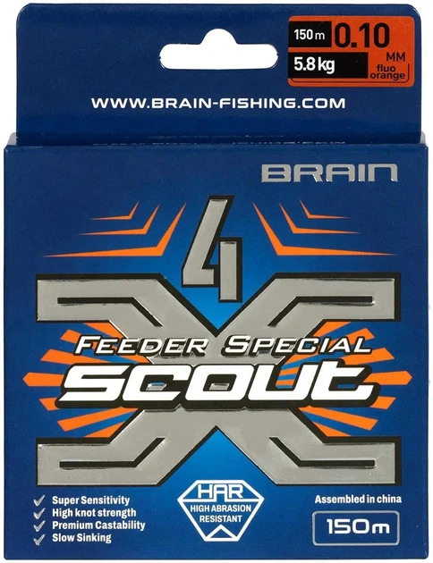 Шнур Brain Scout 4X 150m (fluoro Orange) 0.100mm 5.8kg - изображение 2