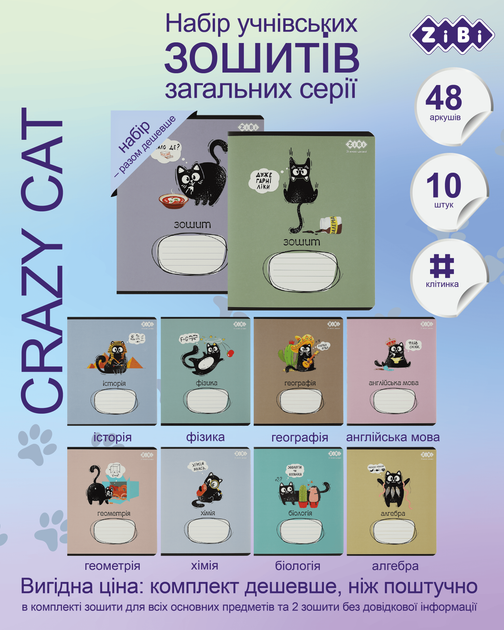 Набір предметних зошитів ZiBi Crazy Cat 48 аркушів у клітинку 8