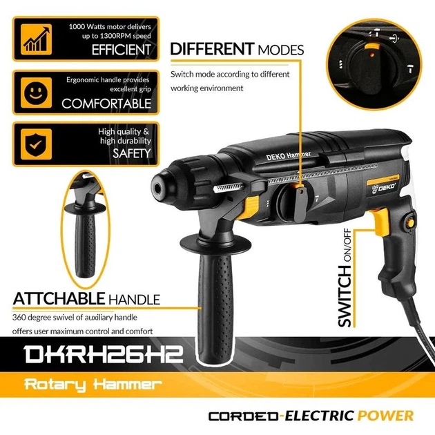 Перфоратор, дриль ударний з аксесуарами в кейсі DEKO 1000W S5002-DKRH26H2 - зображення 4