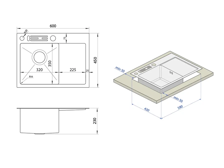 Кухонная мойка с крылом Nett NB-6045(R) 60×45 из нержавейки + смеситель Nett-33 + дозатор + корзина (043125-1) - изображение 3