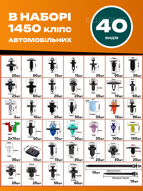 Набір 40 видів 1450 шт + 365 додаткових елементів пластикових автомобільних затискачів, кліпс, фіксаторів, заклепок, кріплень 3DTOYSLAMP - зображення 6