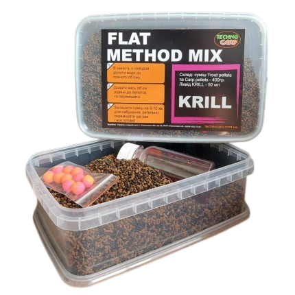 Флет Метод Мікс Техно Карп Flat Method Mix Krill (криль) 400g + Liquid,80742 - Фото 1 Флет Метод Мікс Техно Карп Flat Method Mix Krill (криль) 400g + Liquid,80742 - зображення 1
