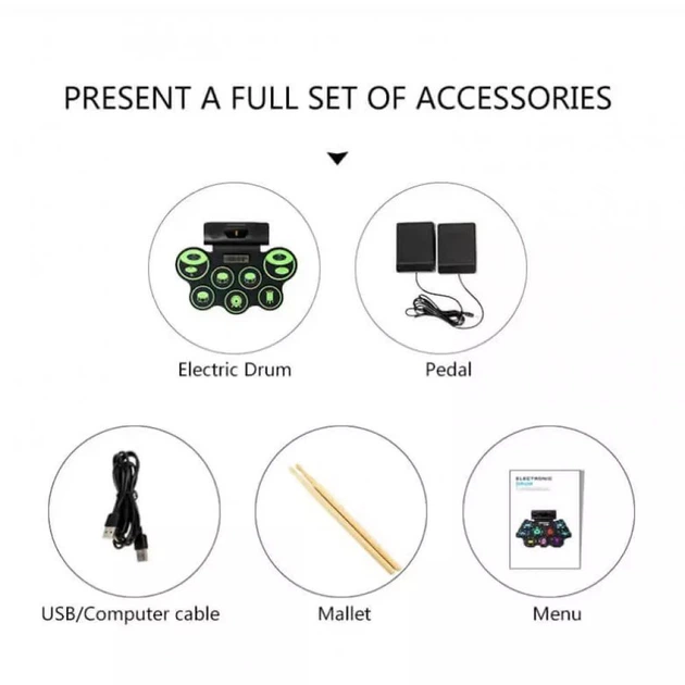 Дитяча ударна установка UKC Electronic Drum RD90-C (барабани, Bluetooth, USB, 7 ударних зон, акумулятор) - Чорний - Фото 7 Дитяча ударна установка UKC Electronic Drum RD90-C (барабани, Bluetooth, USB, 7 ударних зон, акумулятор) - Чорний - зображення 7